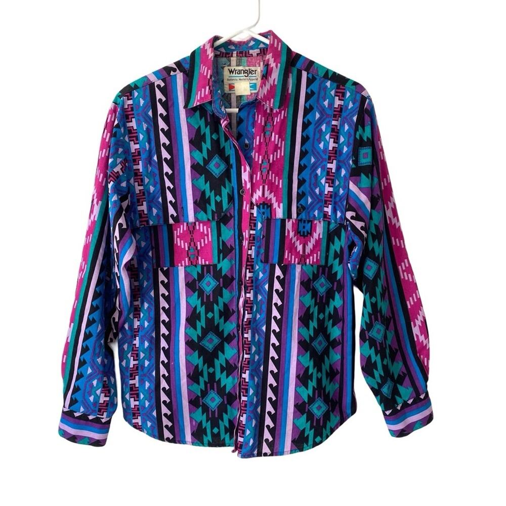 Vintage Wrangler Brushpopper Western Shirt size large Aztec Stripe Purple Blue
